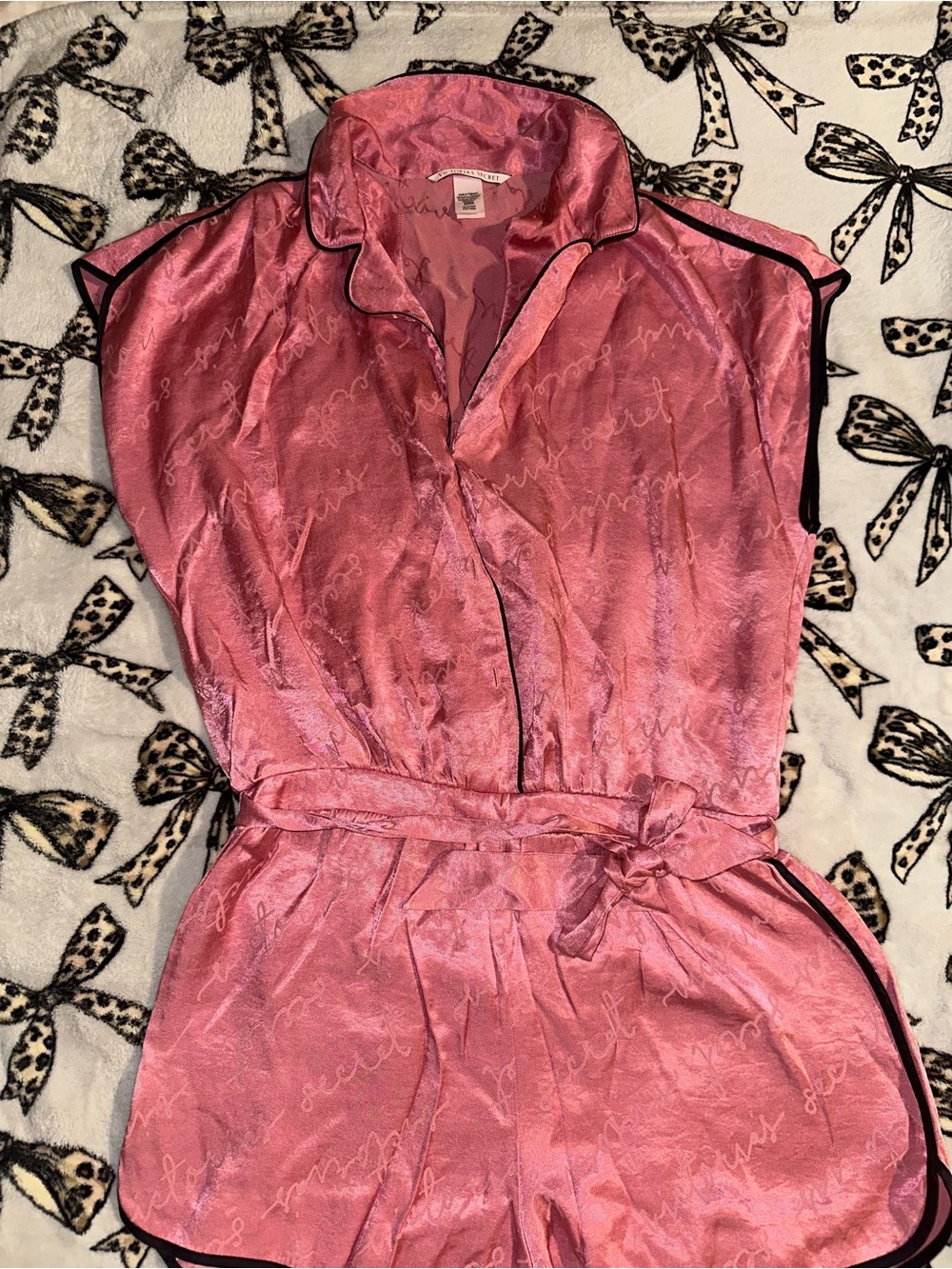Victoria's Secret Pink Satin Short Pajama Romper with Black Piping